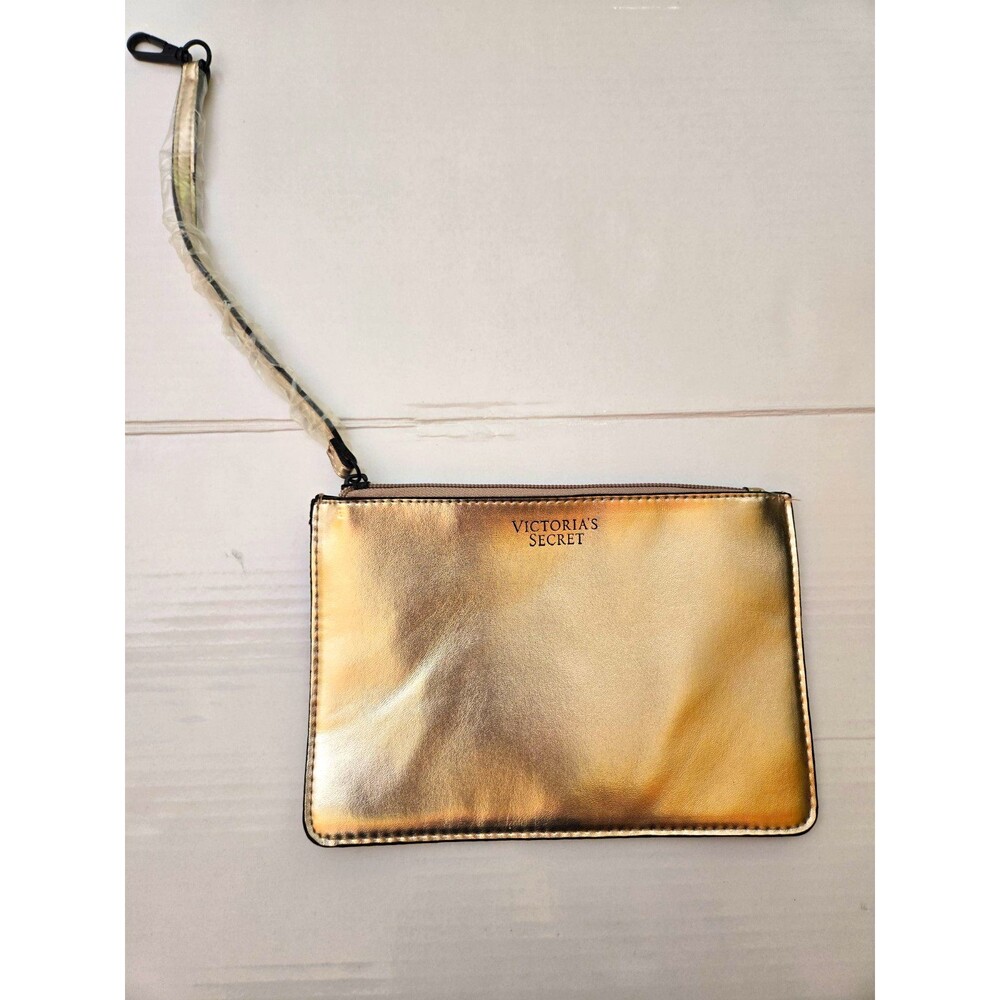 Victoria's Secret Gold Metallic Wristlet Zip Pouch Solid Rectangle Wrist Strap